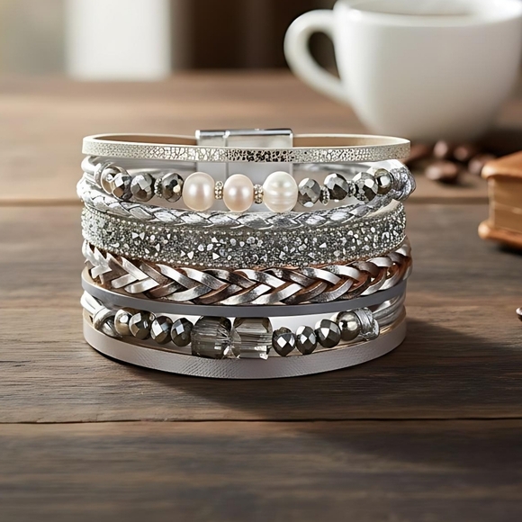 🆕️Boho-Chic Multilayered Beaded Trendy Silver Bracelet Vegan Leather & Pearls ✨ - Picture 9 of 11